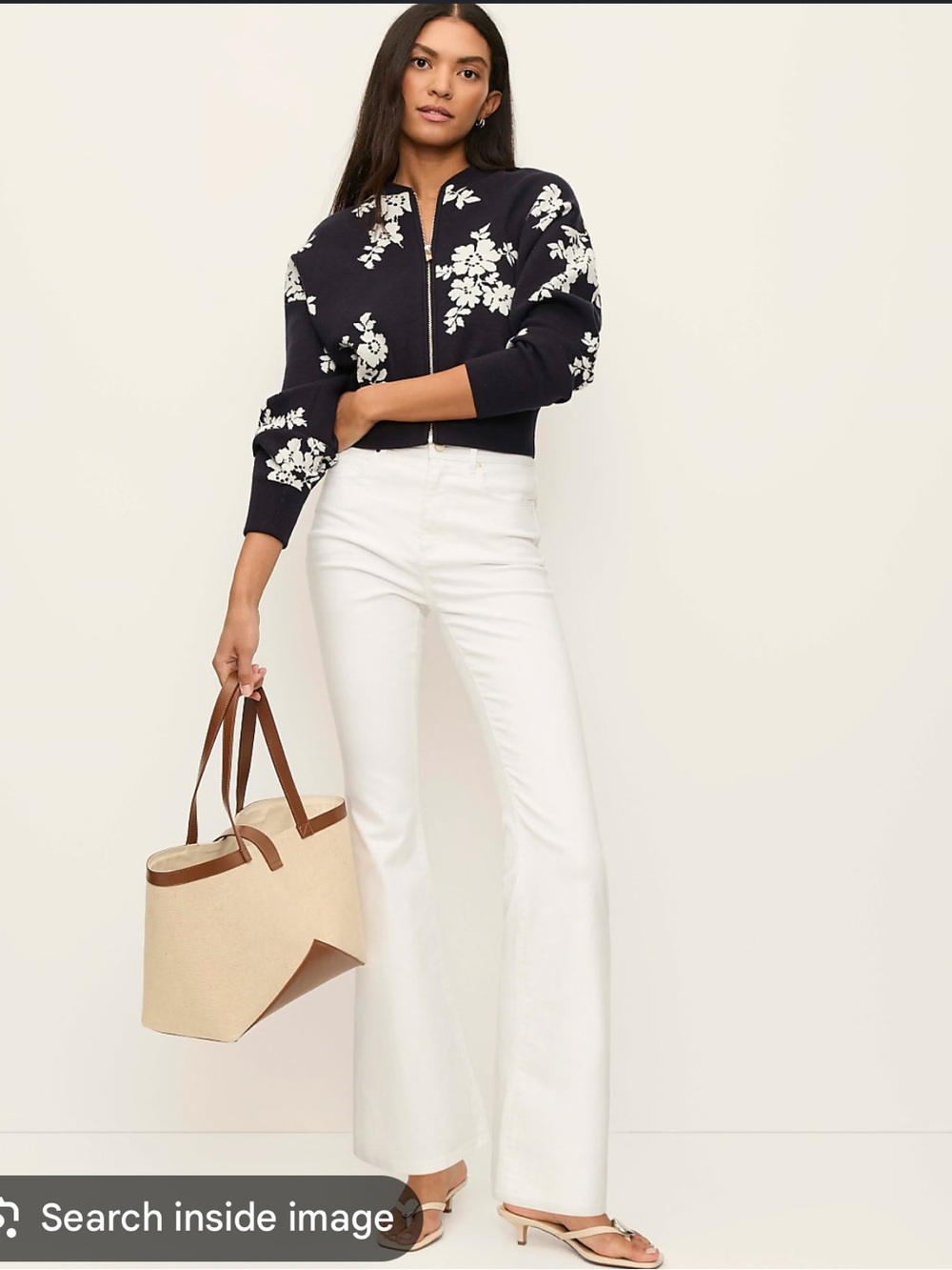 Ann Taylor Navy and White Floral Jacquard Bomber Cardigan Cotton Blend NWT Small - Picture 3 of 6